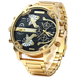 FENKOO Herren Militäruhr Quartz Kalender/Duale Zeitzonen Edelstahl Band Armbanduhr Gold - 1