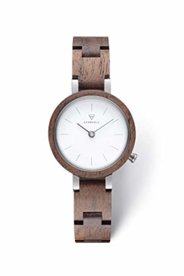 KERBHOLZ Holzuhr - Classics Collection Matilda analoge Quarz Uhr für Damen, Gehäuse und verstellbares Armband aus massivem Naturholz, Ø 27mm, Walnuss Weiß - 1