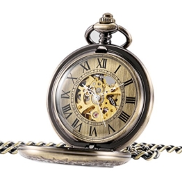 TREEWETO Unisex Taschenuhr mit Kette Analog Handaufzug Antik Skelett Lupe Bronze - 1