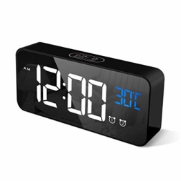 CHEREEKI Digitaler Wecker, LED Digitaluhr mit Temperaturanzeige Tragbarer Spiegelalarm Tischuhr mit 2 Alarmen 13 Alarmtöne USB Wiederaufladbar 4 Helligkeit und Lautstärke Regelbar, 12/24 Stunden - 1