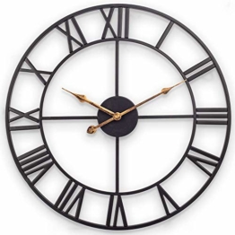 Große Wanduhr, Europäische Industrie Vintage Wanduhr mit Großen Römischen Ziffern, Stille Nicht Tickende Metalluhr für Haus, Wohnzimmer, Küche, Schlafzimmer und Höhle - 47 cm, Schwarz - 1