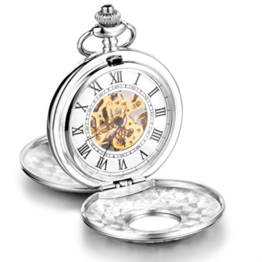 Unendlich U Fashion Luxus weiß groß Twin-Lids mit Skelett Handaufzug mechanische Taschenuhr Halskette und Lange Kette mit Römer Ziffern aus Stahl für Damen/Herren/Mädchen/Junge/Kinder - 1