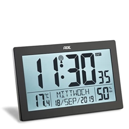 ADE Funk-Uhr CK1927 Funk-Wecker große Ziffern LCD-Display mit Beleuchtung, Standuhr Tisch-Uhr und Kalender mit Wochentag, Seniorenuhr, Thermometer Hygrometer, schwarz - 1